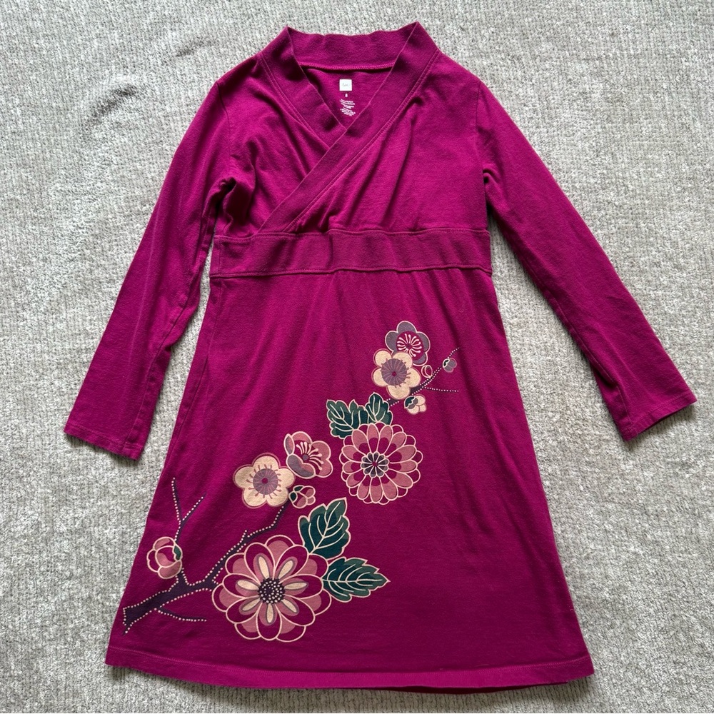 Tea Collection Pink Floral Long Sleeve Dress Size 8 Wrap‎ Style Cotton